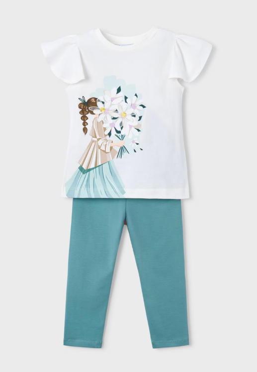 Mayoral Applique Flower/Girl Print Top & Legging Style 3724-Mint